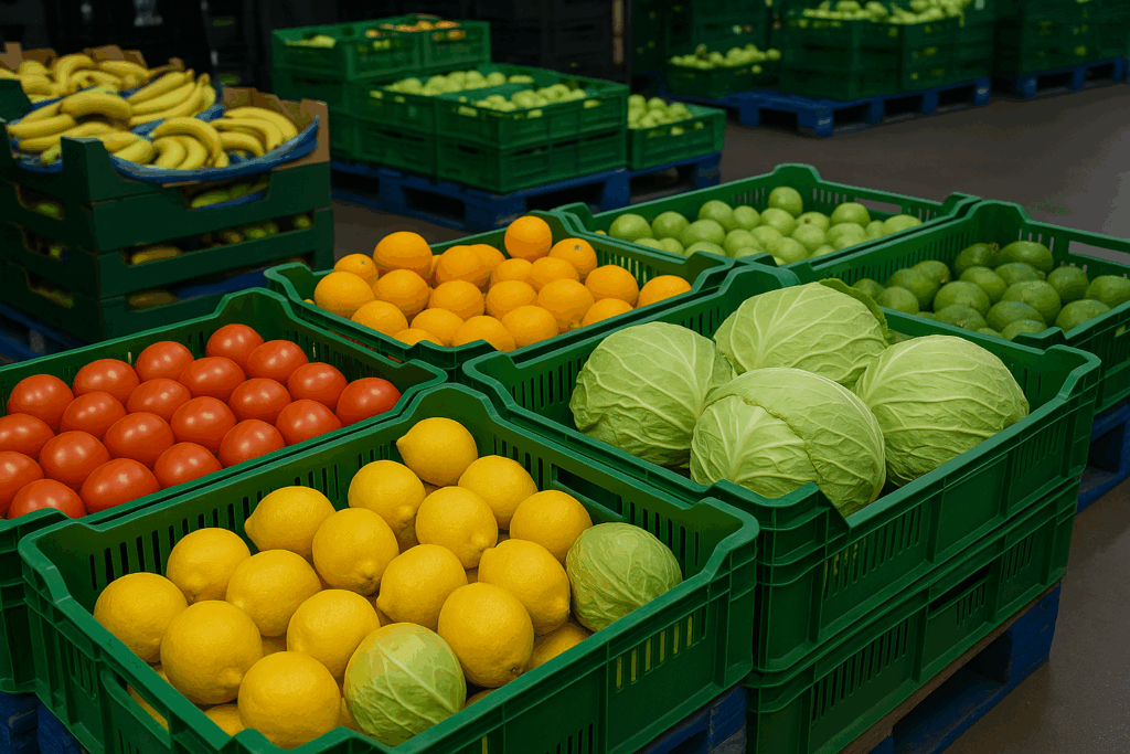 Cajas de frutas y verduras frescas
